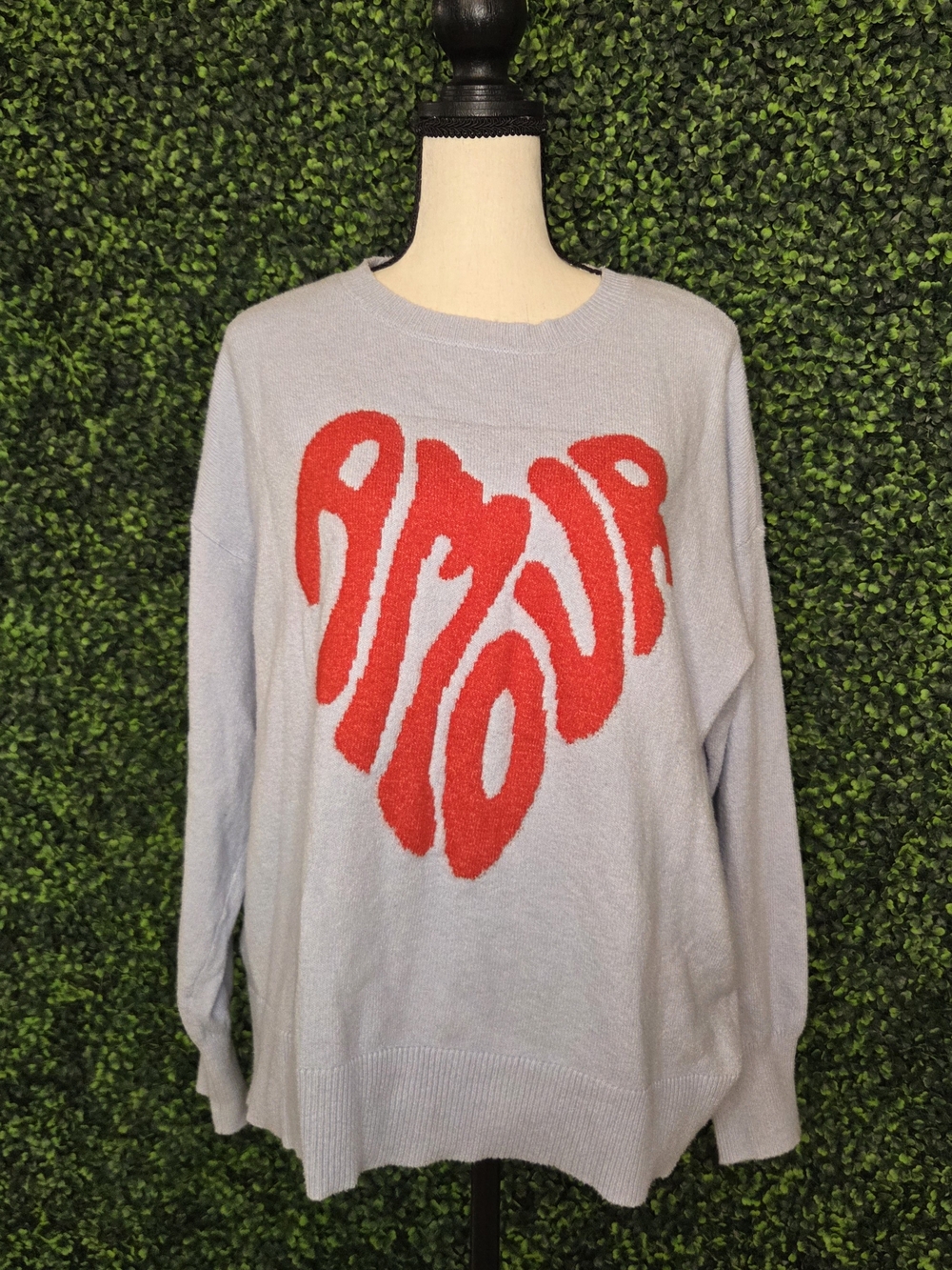 LOFT Women's Graphic Amour Crewneck Sweater Light Blue & Red Size Large